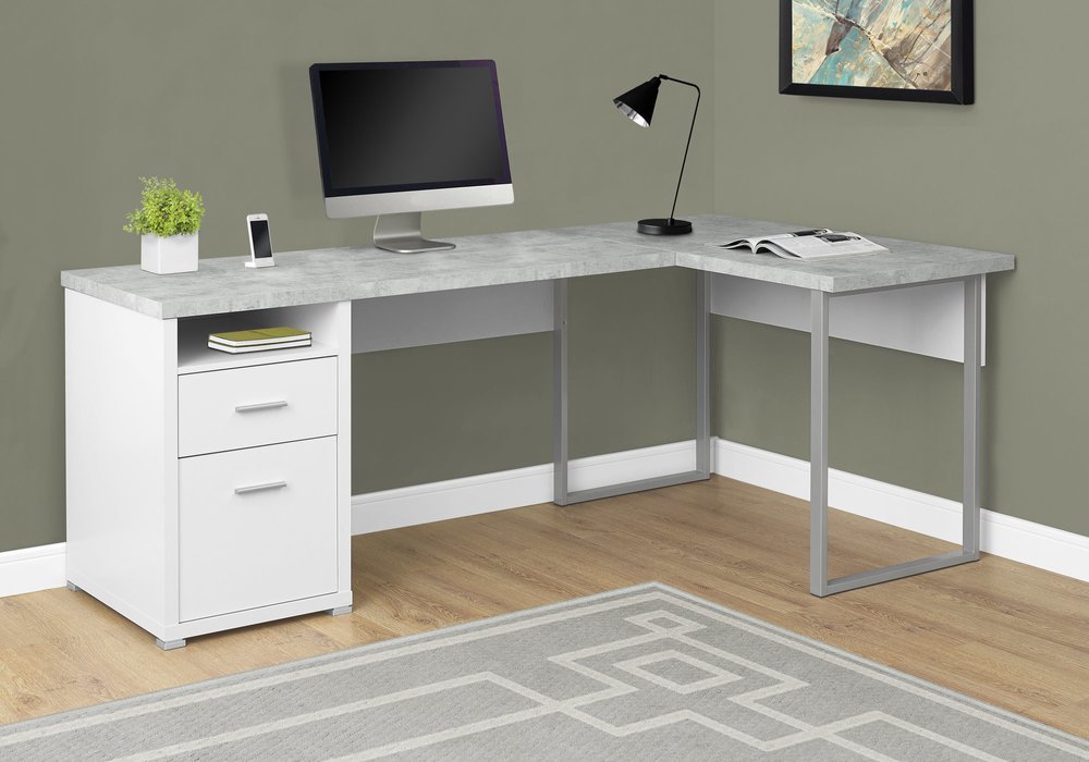 47" Gray and Silver L Shape Computer Desk With Two Drawers