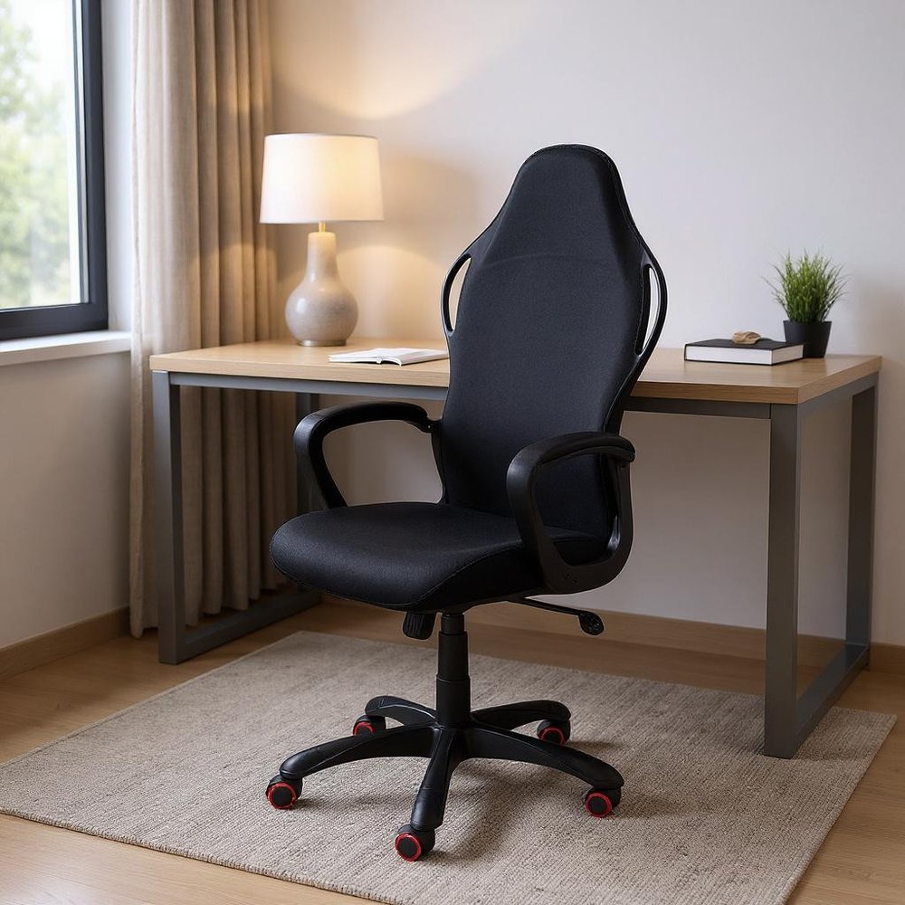 Black Fabric Tufted Seat Swivel Adjustable Gaming Chair Fabric Back Plastic Frame