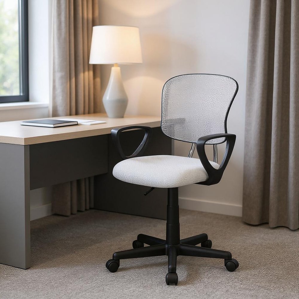 White Polyester Seat Swivel Adjustable Task Chair Mesh Back Plastic Frame