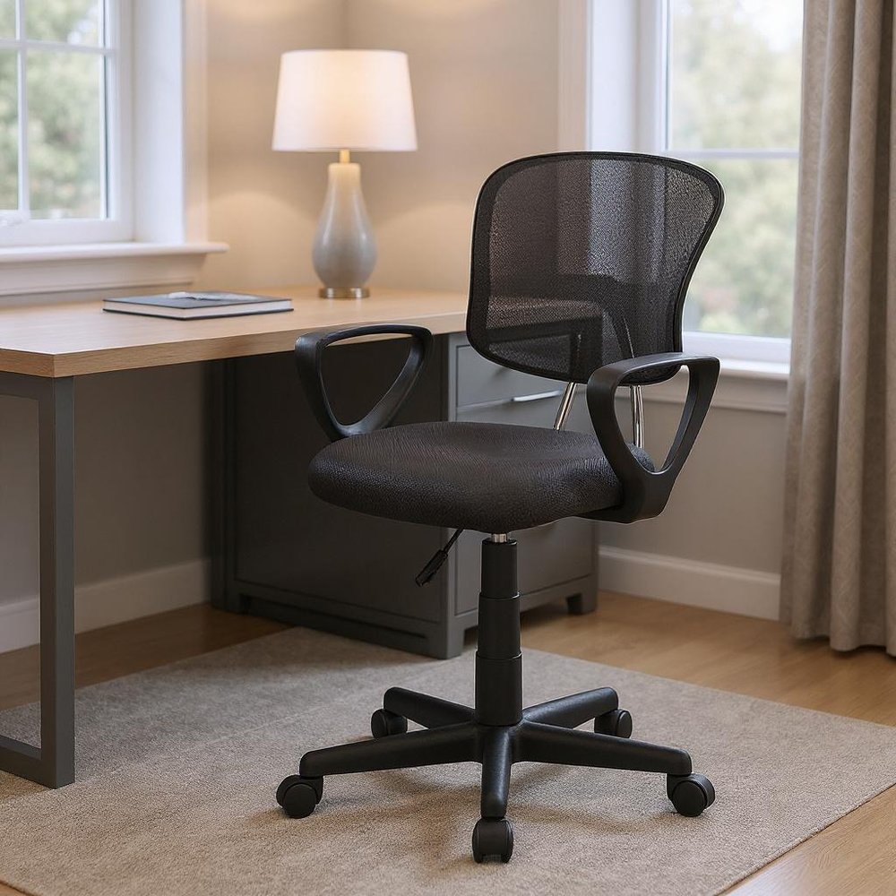 White Polyester Seat Swivel Adjustable Task Chair Mesh Back Plastic Frame
