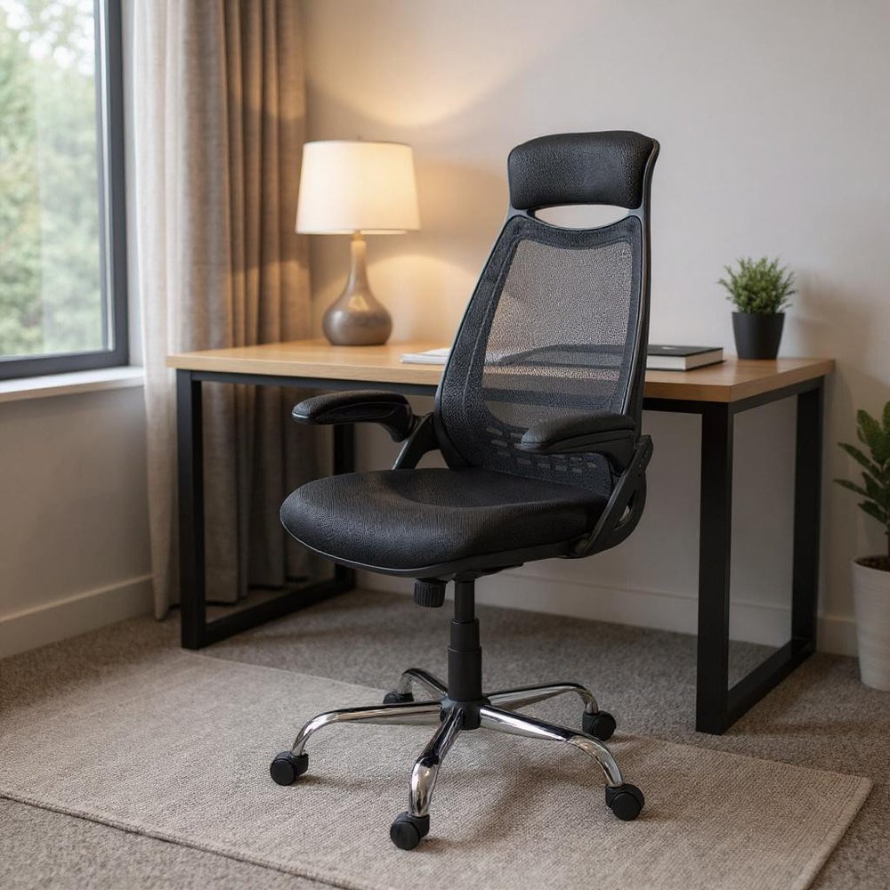 Black Polyester Seat Swivel Adjustable Task Chair Mesh Back Plastic Frame