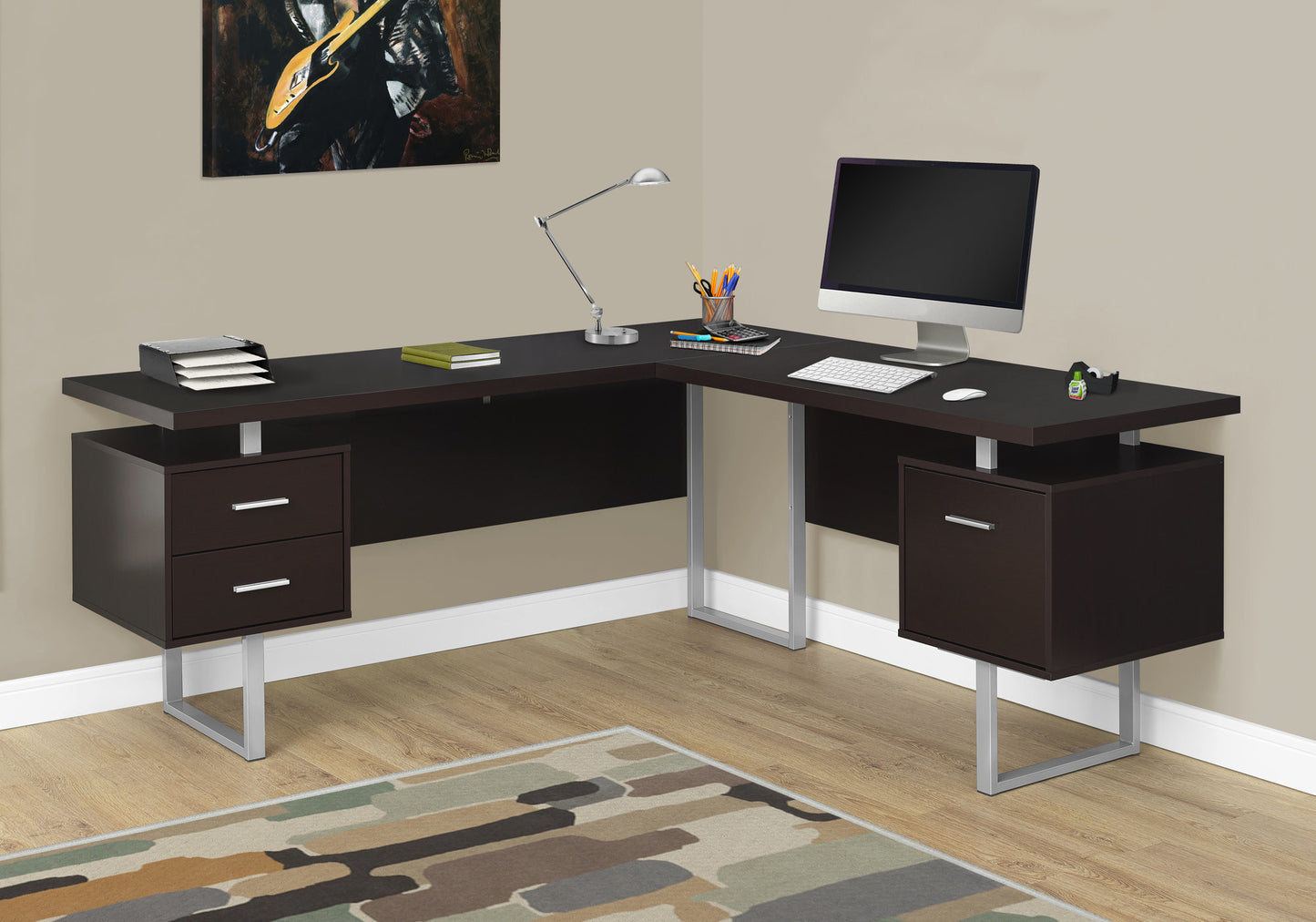 71" Taupe and Silver L Shape Computer Desk With Three Drawers