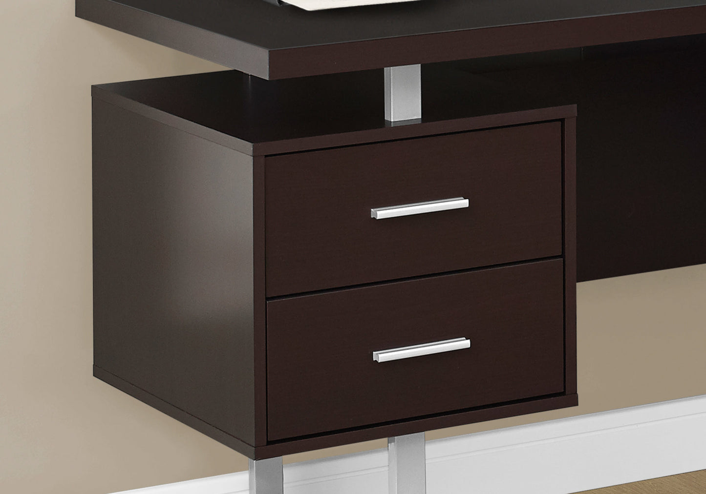 71" Taupe and Silver L Shape Computer Desk With Three Drawers