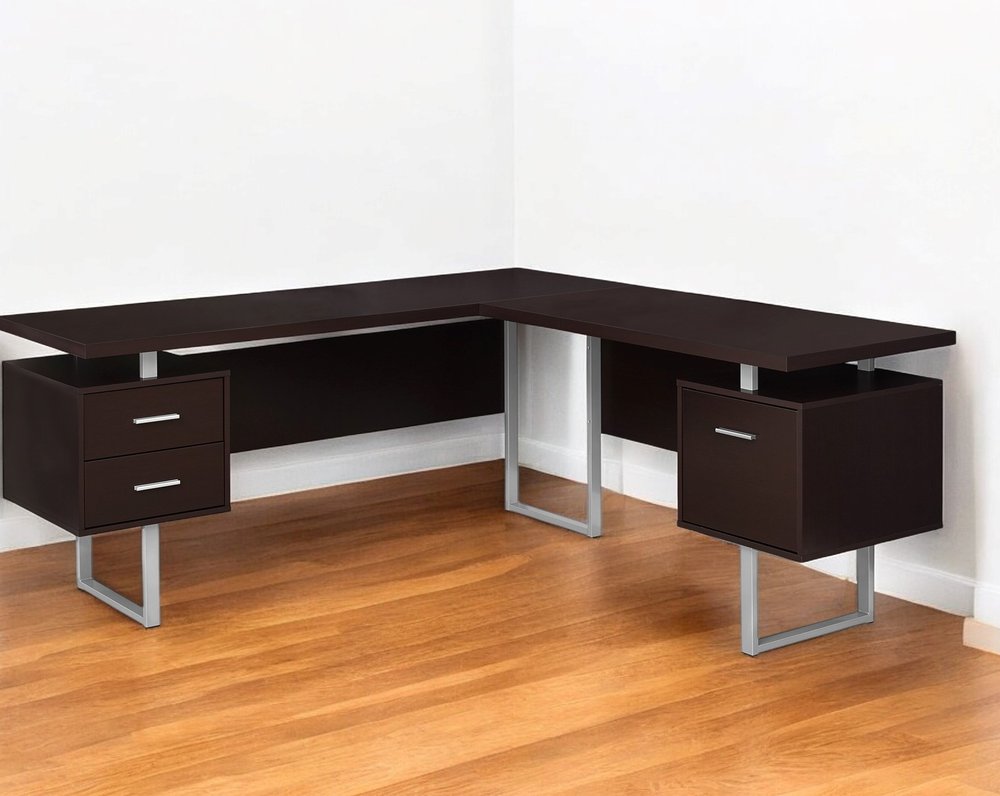 71" Taupe and Silver L Shape Computer Desk With Three Drawers