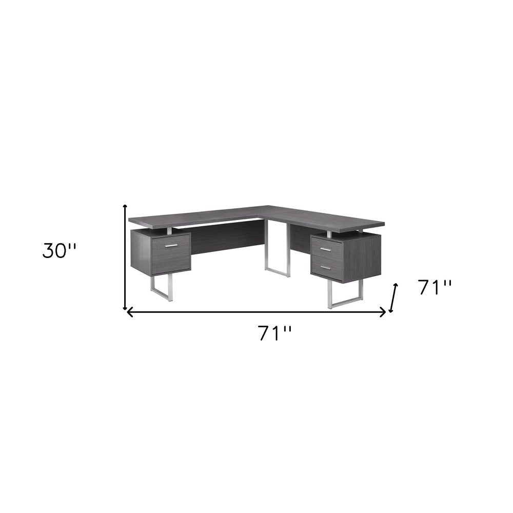 71" Taupe and Silver L Shape Computer Desk With Three Drawers