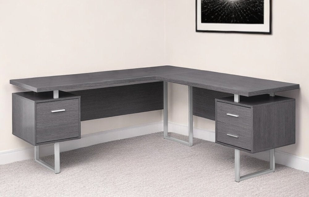 71" Taupe and Silver L Shape Computer Desk With Three Drawers