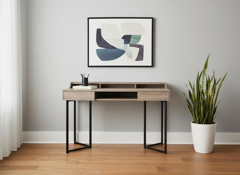 22" Taupe and Black Writing Desk With Two Drawers