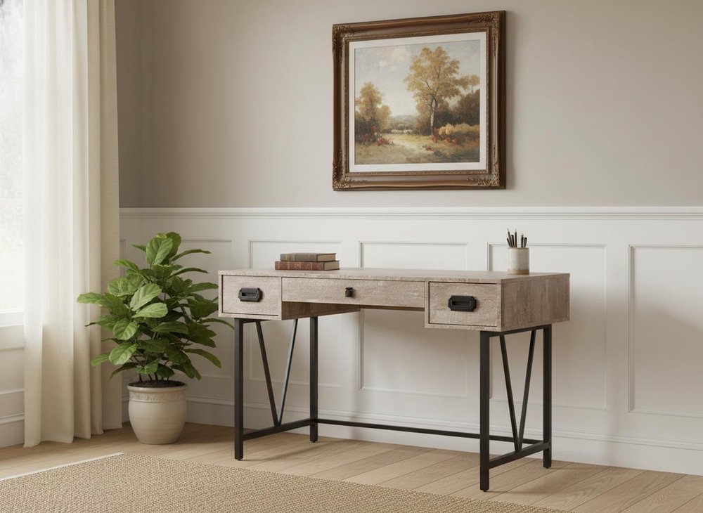 24" Taupe and Black Computer Desk With Three Drawers