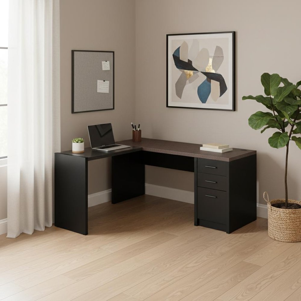 55" Gray and Black L Shape Computer Desk With Three Drawers