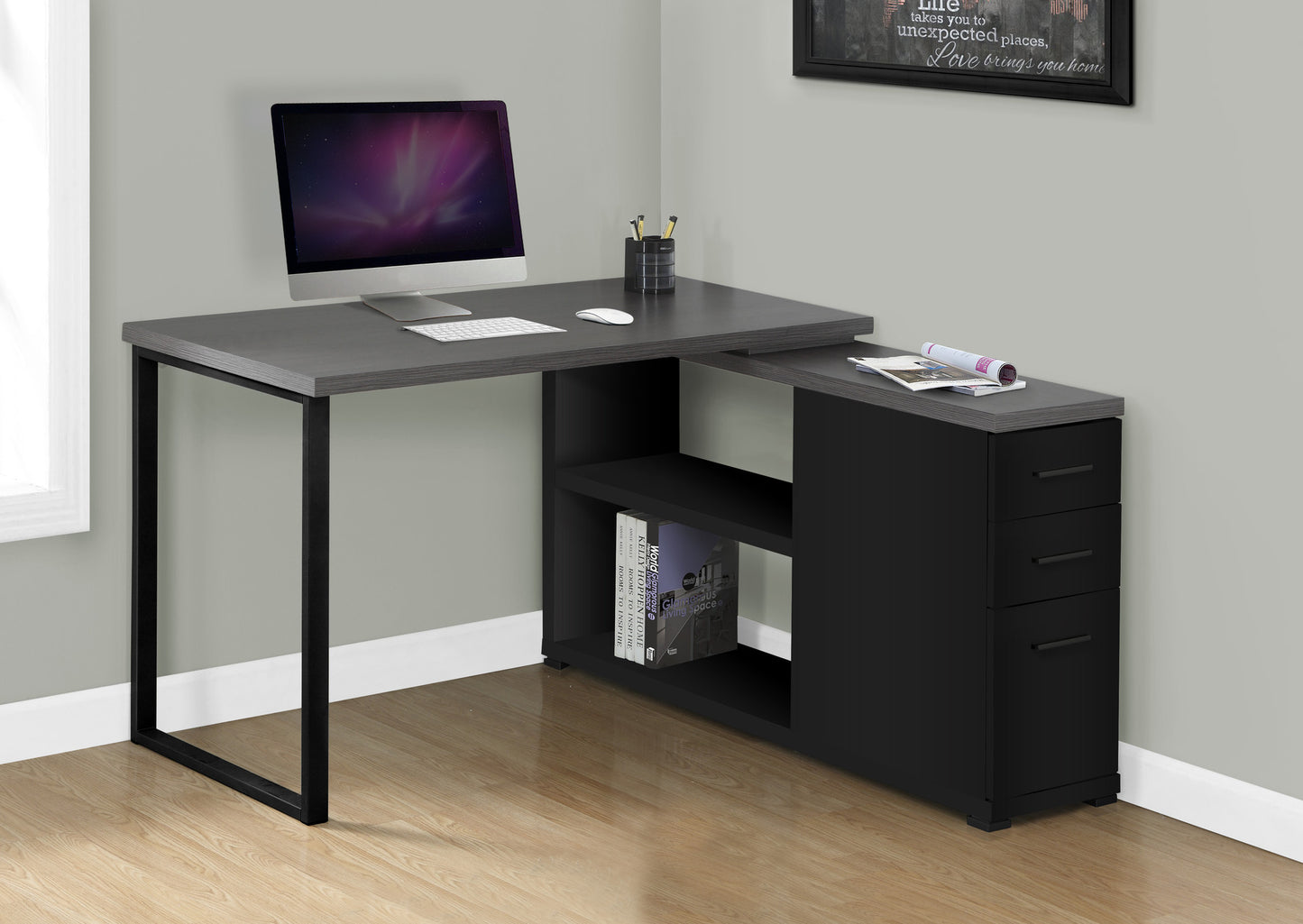 47" White and Silver L Shape Computer Desk With Three Drawers