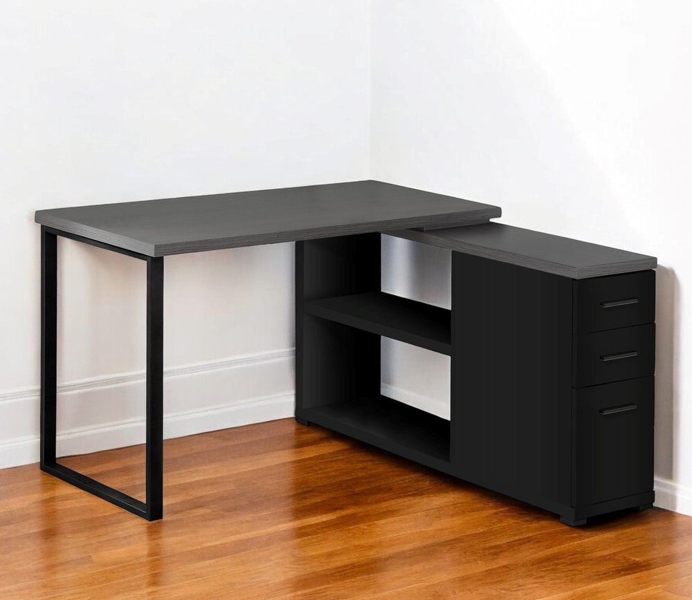 47" White and Silver L Shape Computer Desk With Three Drawers