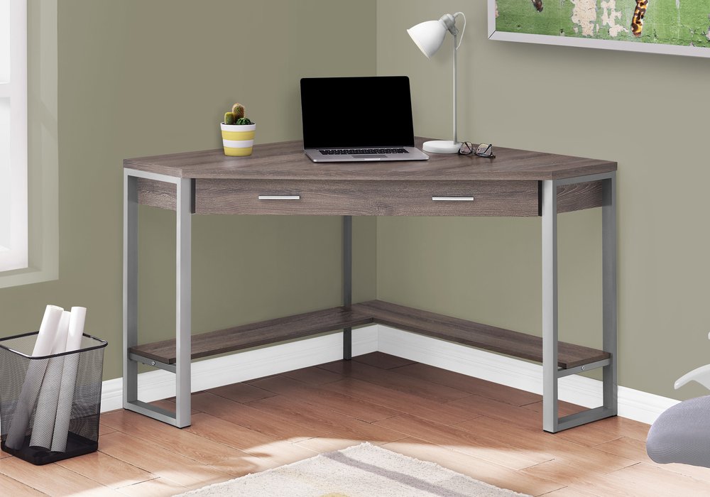 42" Dark Brown and Silver Corner Computer Desk