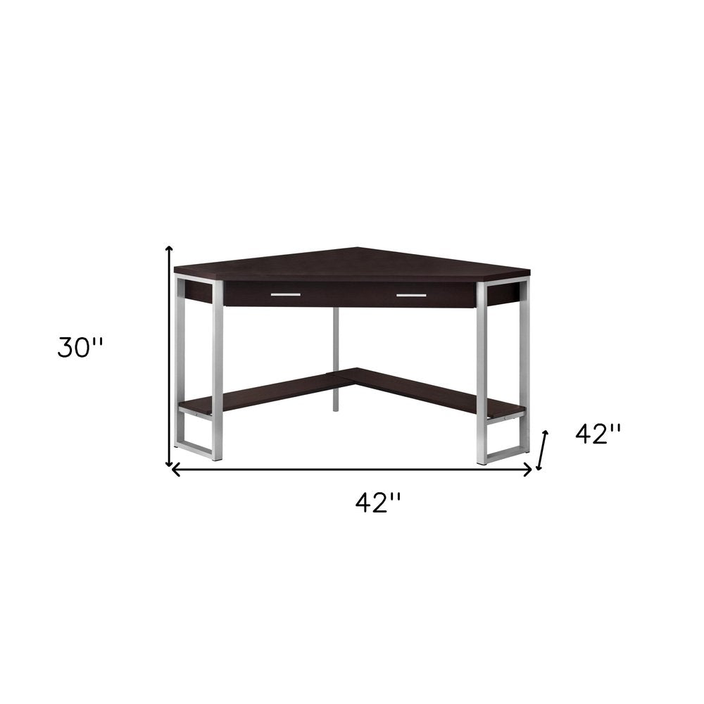 42" Dark Brown and Silver Corner Computer Desk