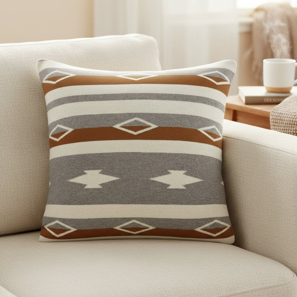 20" Brown Gray And Ivory Southwestern Cotton Throw Pillow