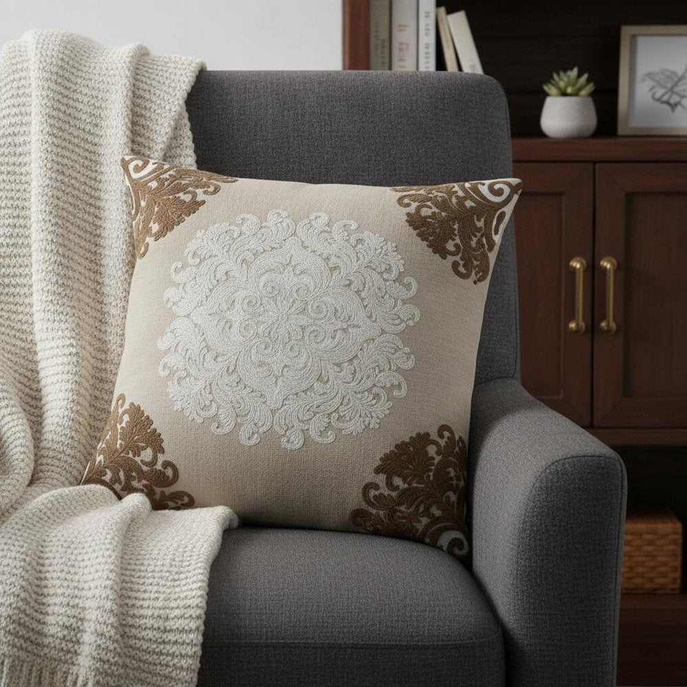 20" Beige Damask Cotton Throw Pillow