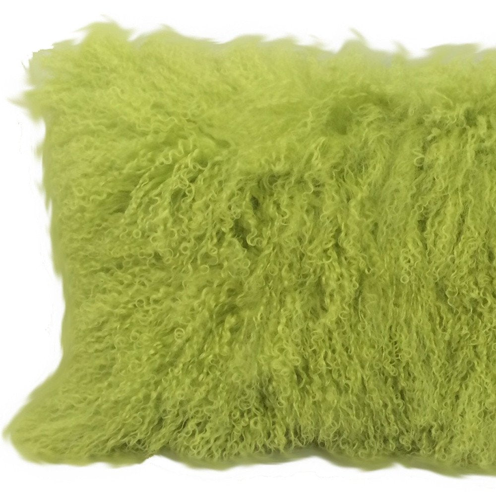 17" Lime Green Genuine Tibetan Lamb Fur Pillow With Microsuede Backing
