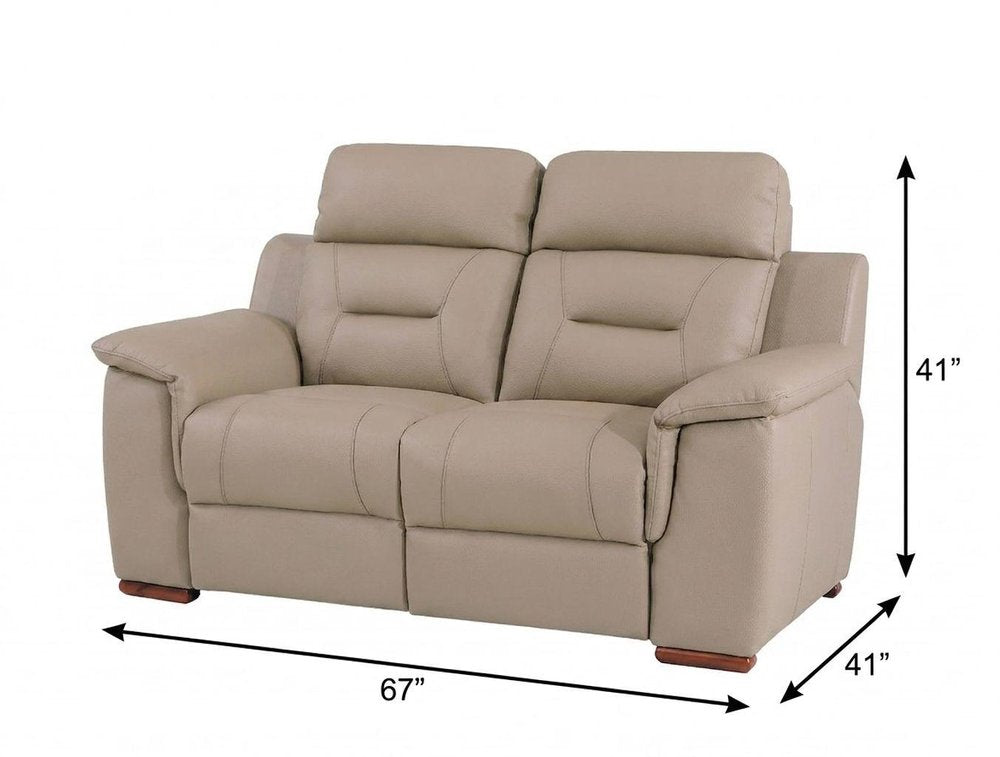 67" Beige And Brown Faux Leather Manual Reclining Loveseat