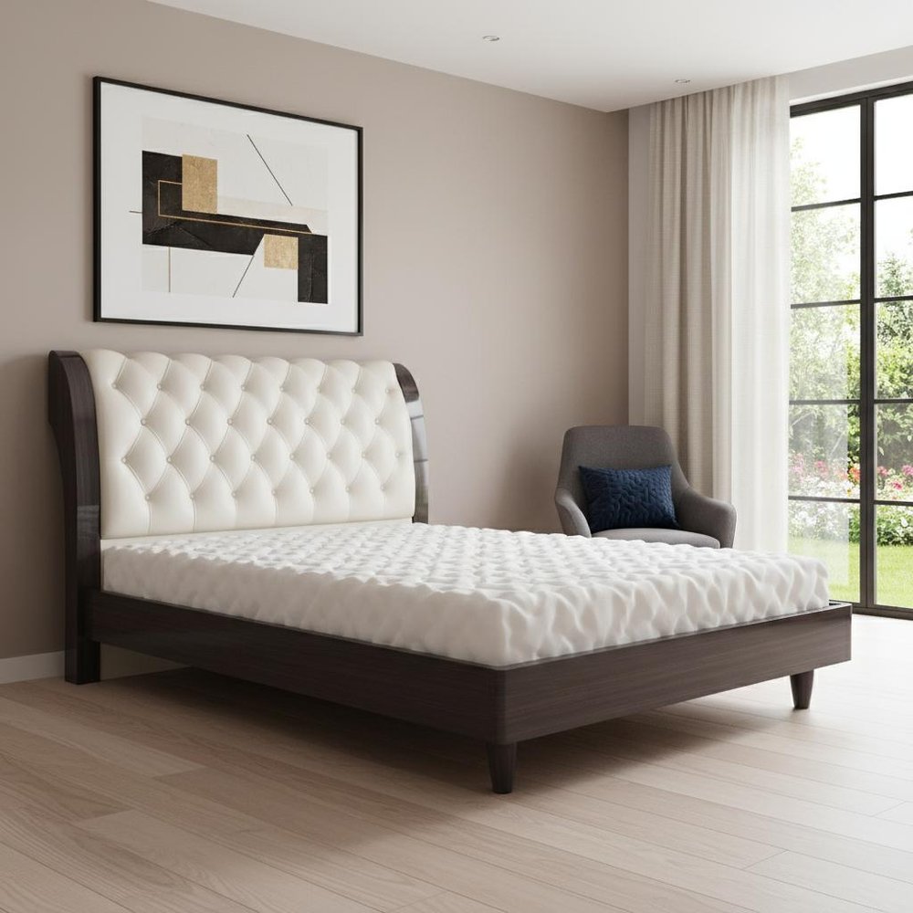 Solid Wood King Tufted Beige Upholstered Faux Leather Bed With Nailhead Trim