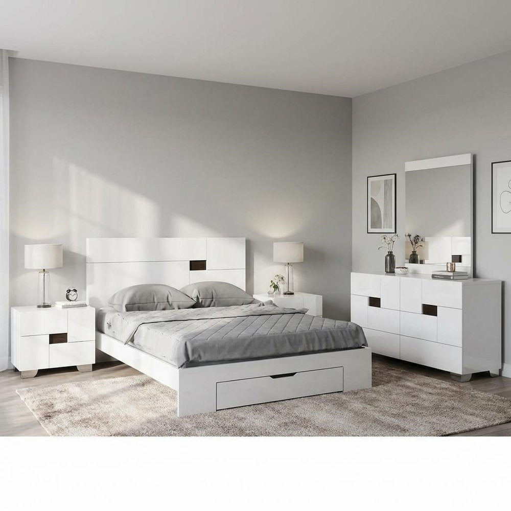 Four Piece White Solid Wood Bedroom Set With Mirror