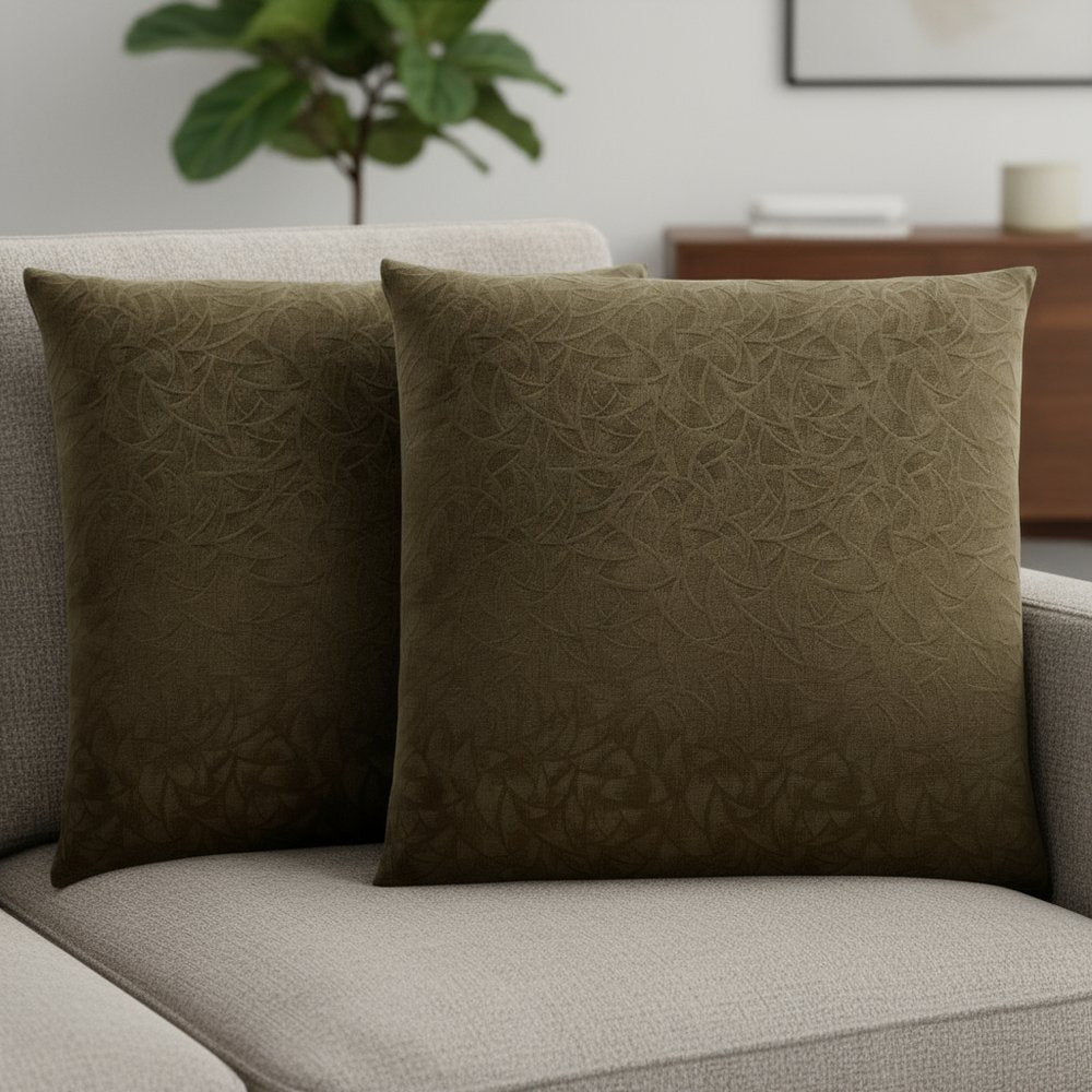 Set Of Two 18" X 18" Dark Green Velvet Polyester Floral Zippered Pillow