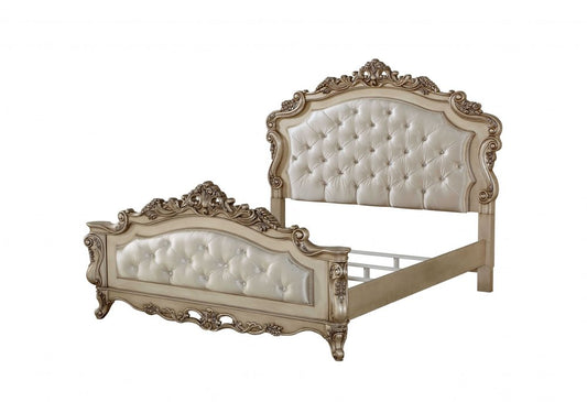 Antiqued White Wood And Tufted Silk Queen Bed Frame With Nailhead Trim