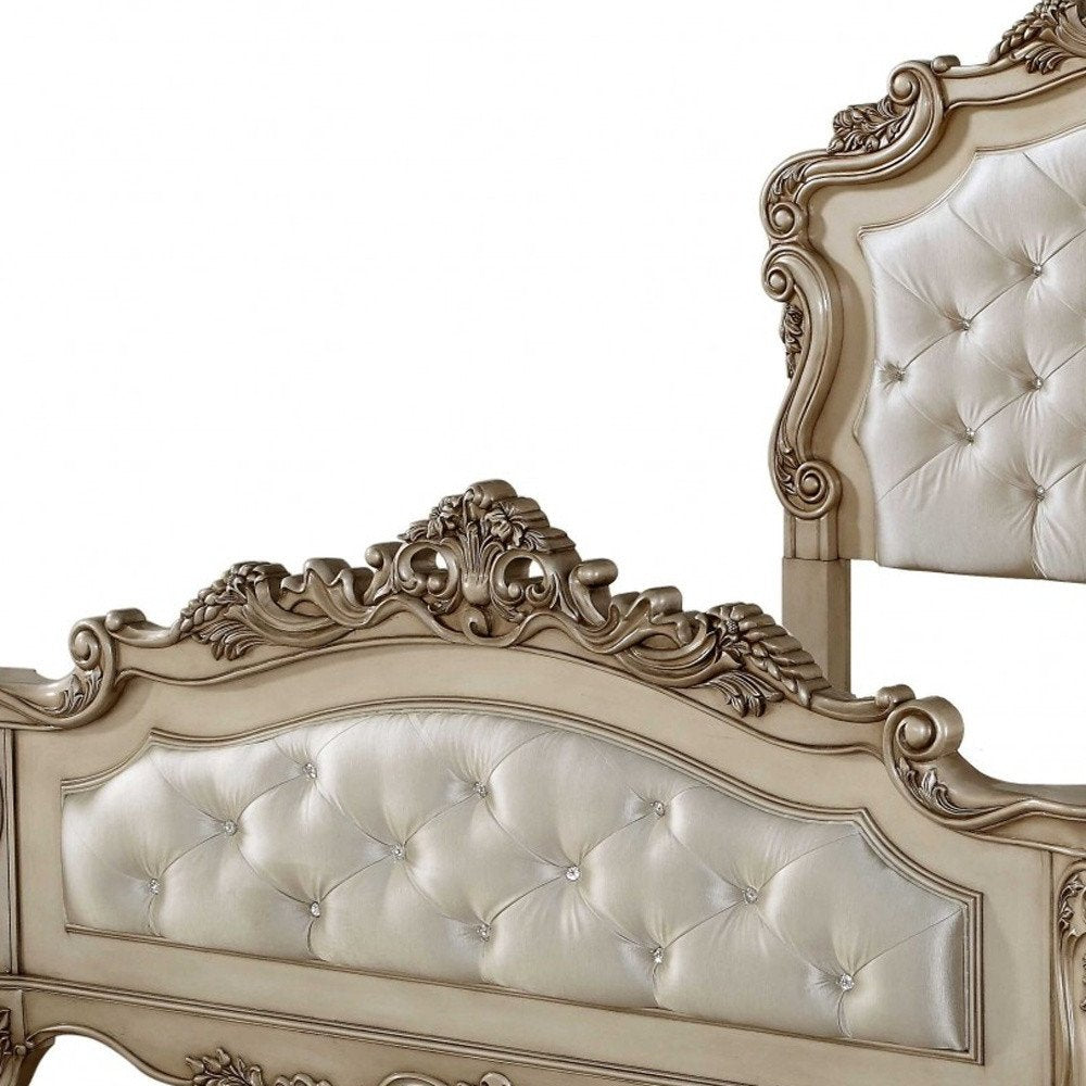 Antiqued White Wood And Tufted Silk Queen Bed Frame With Nailhead Trim