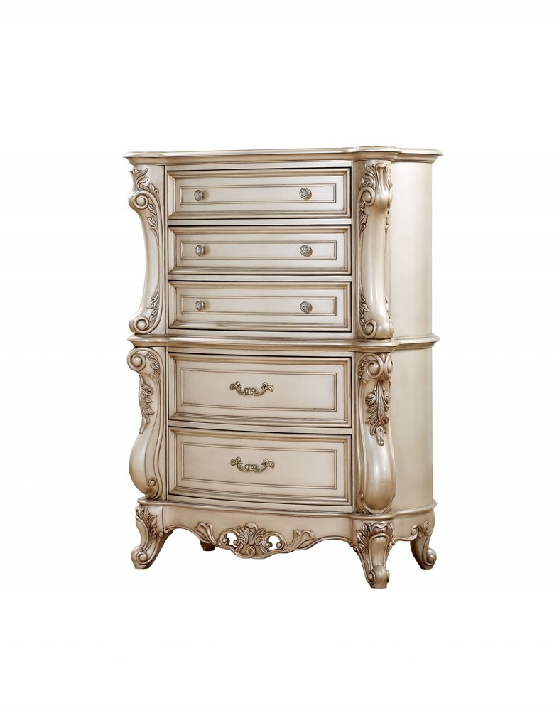 21" Antiqued White Wood Five Drawer Dresser
