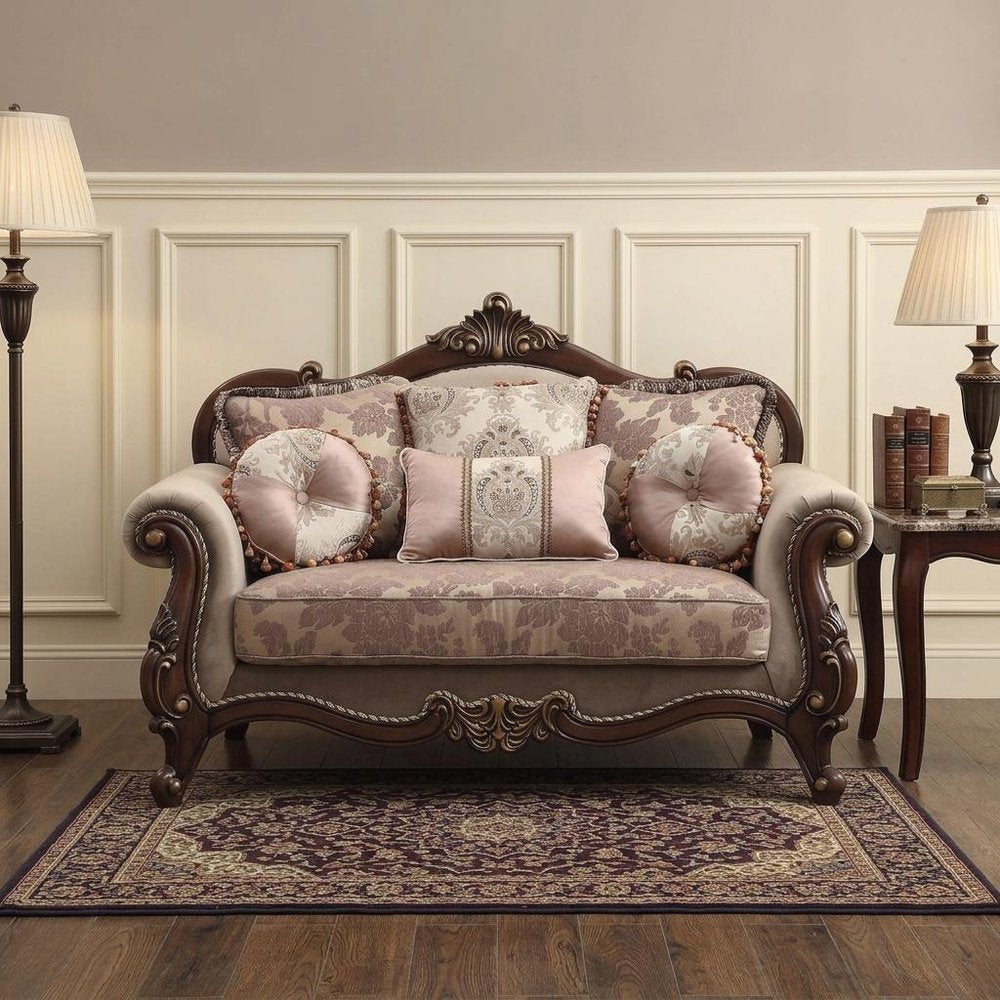 69" Beige and Gold And Brown Velvet Paisley Loveseat and Toss Pillows