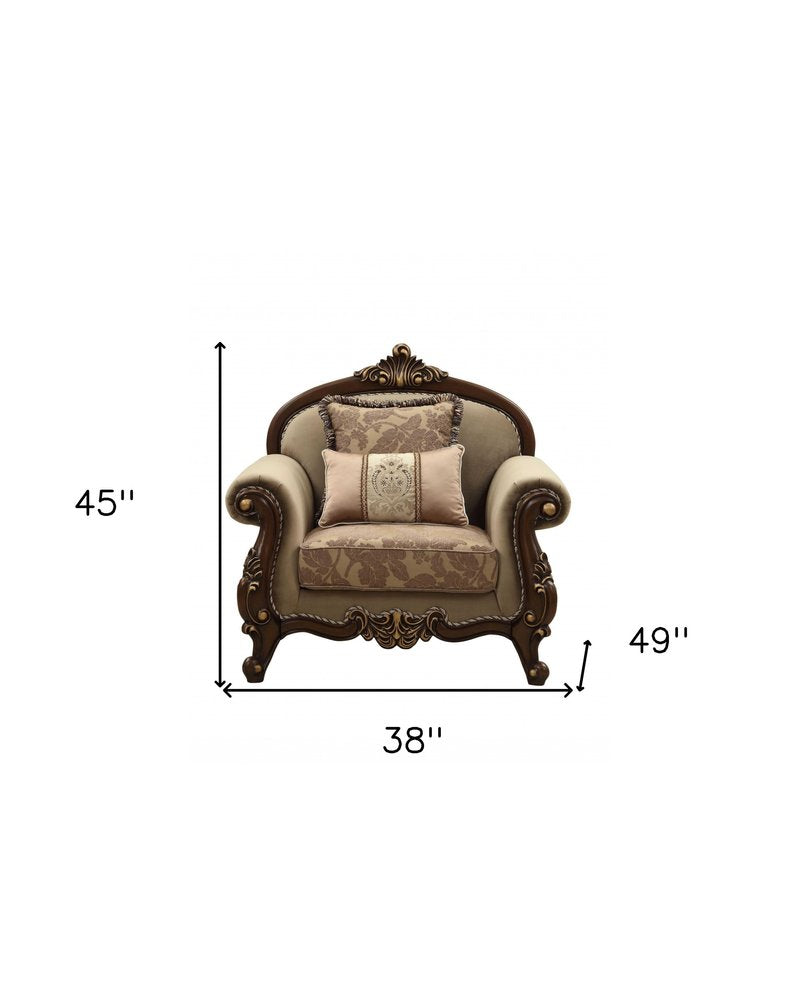 38" Beige and Brown Velvet Floral Arm Chair And Toss Pillows