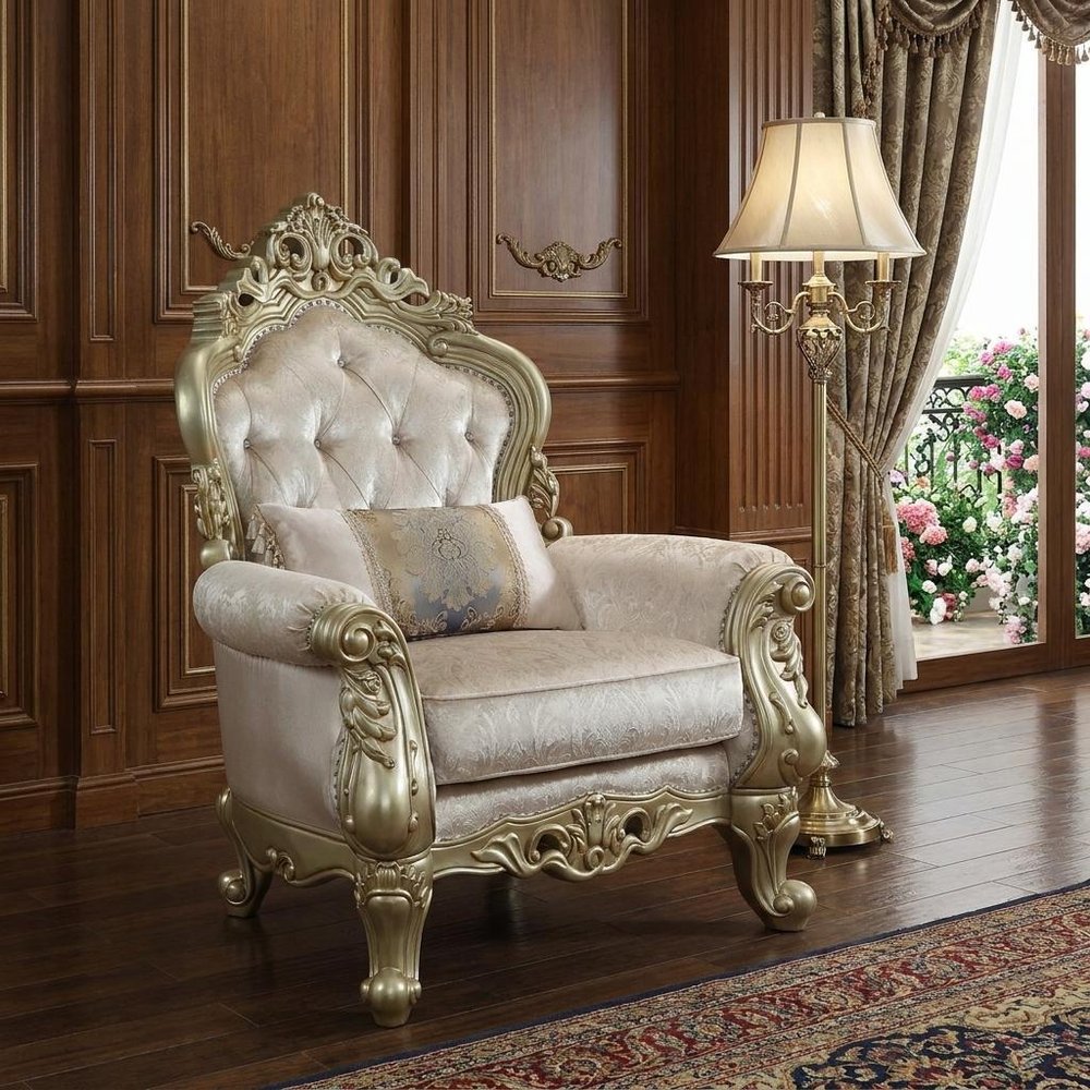 40" Cream and Antiqued White Fabric Damask Tufted Arm Chair And Toss Pillow