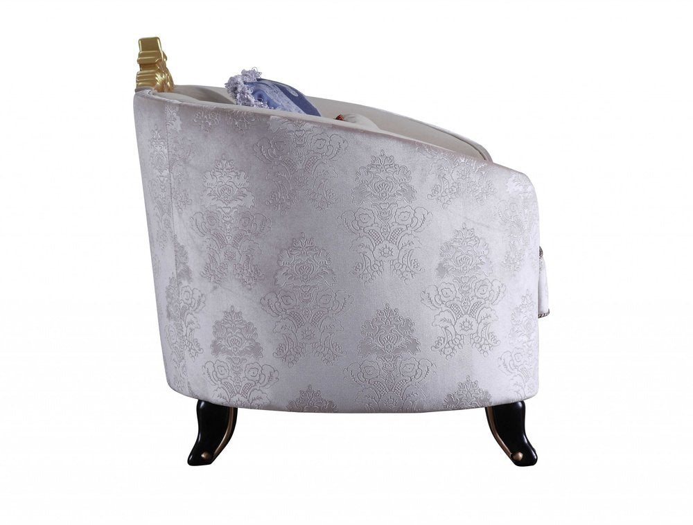 38" Cream and Black Velvet Damask Barrel Chair And Toss Pillows