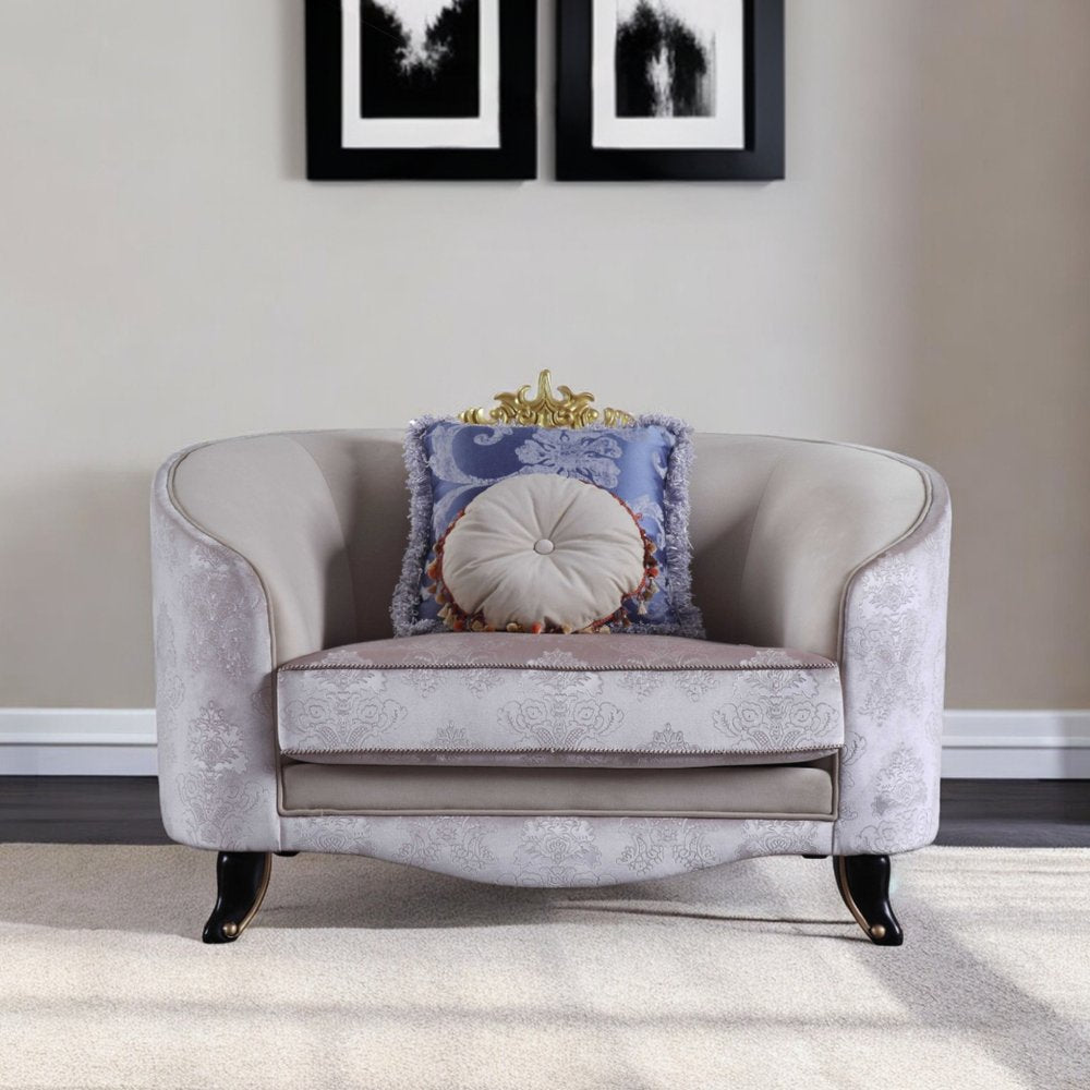 38" Cream and Black Velvet Damask Barrel Chair And Toss Pillows