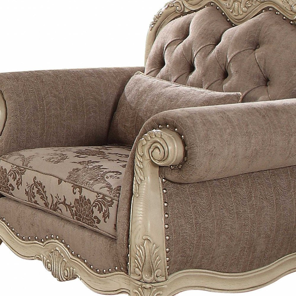 35" Gray and Antiqued White Fabric Floral Tufted Chesterfield Chair And Toss Pillow