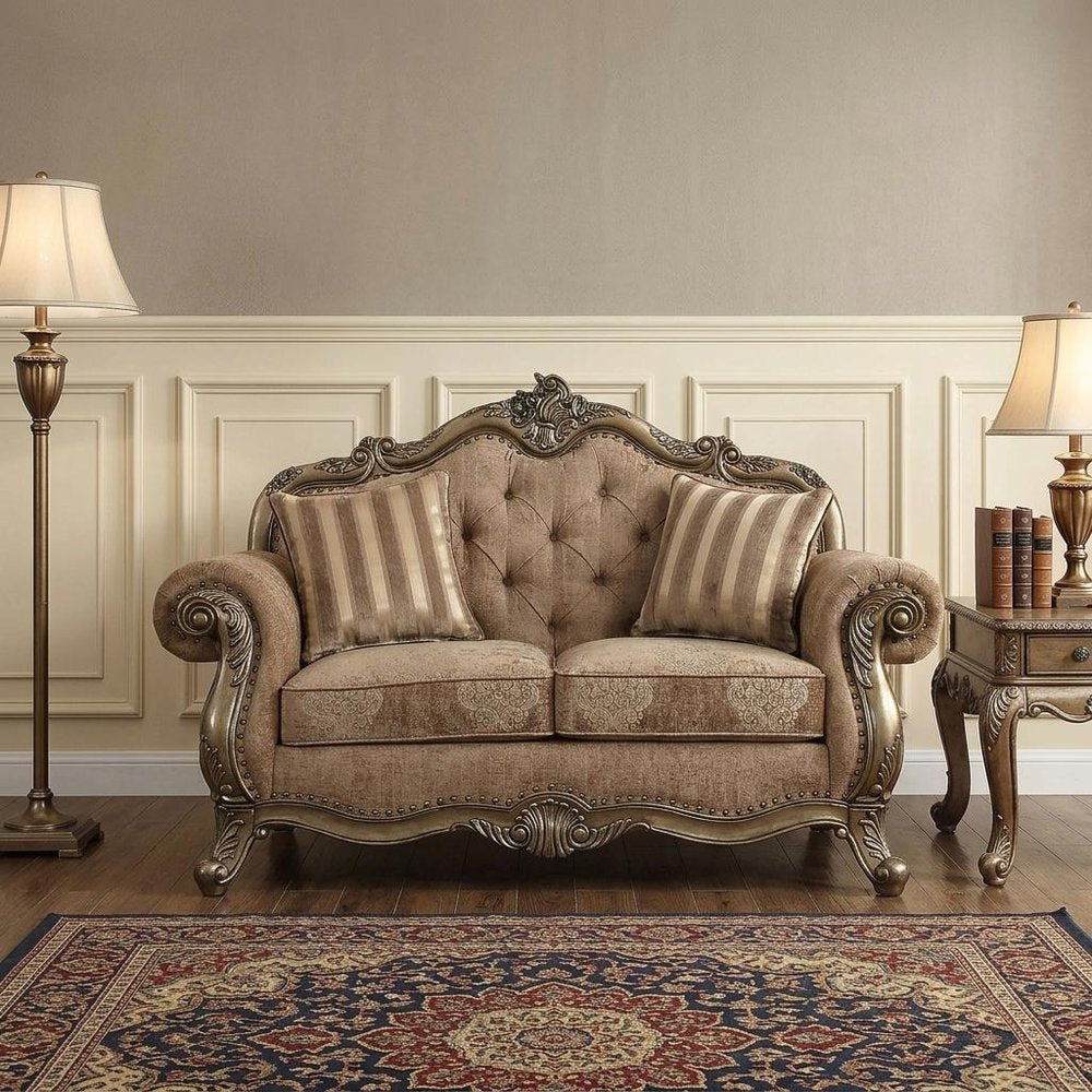 69" Gray And Off White Damask Chesterfield Loveseat and Toss Pillows
