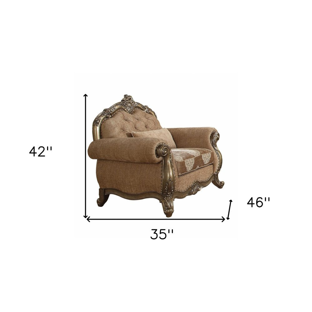 35" Gray and Antiqued White Fabric Floral Tufted Chesterfield Chair And Toss Pillow