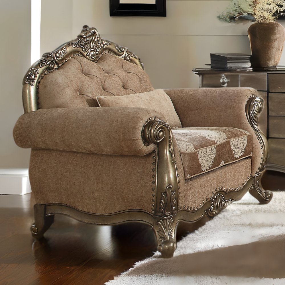 35" Gray and Antiqued White Fabric Floral Tufted Chesterfield Chair And Toss Pillow