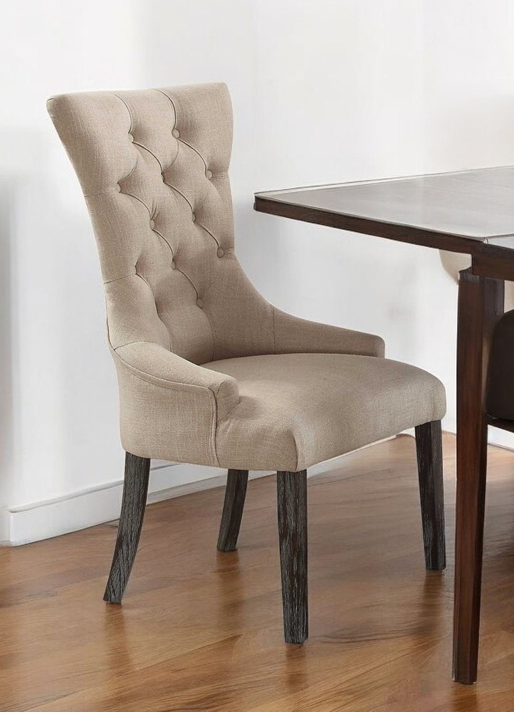 Set of Two 28" Beige and Dark Brown Linen Tufted Parsons Chair