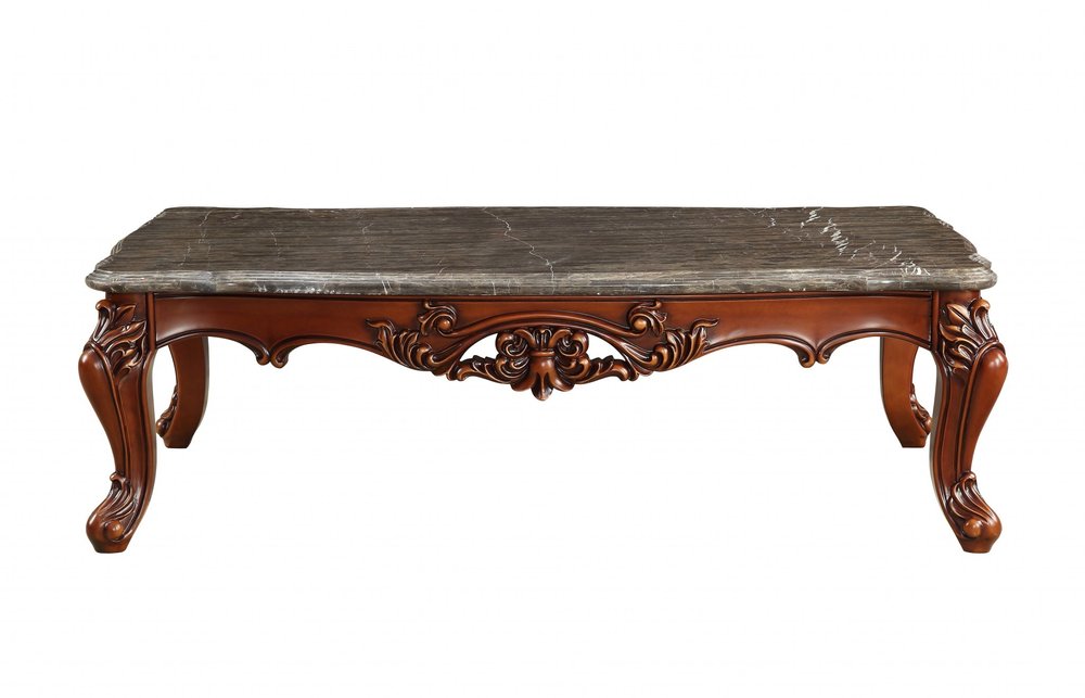 40" Dark Brown and Merlot Genuine Marble And Solid Wood Coffee Table