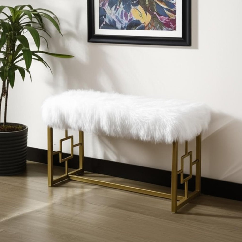 38" White And Gold Faux Fur And Steel Upholstered Bench