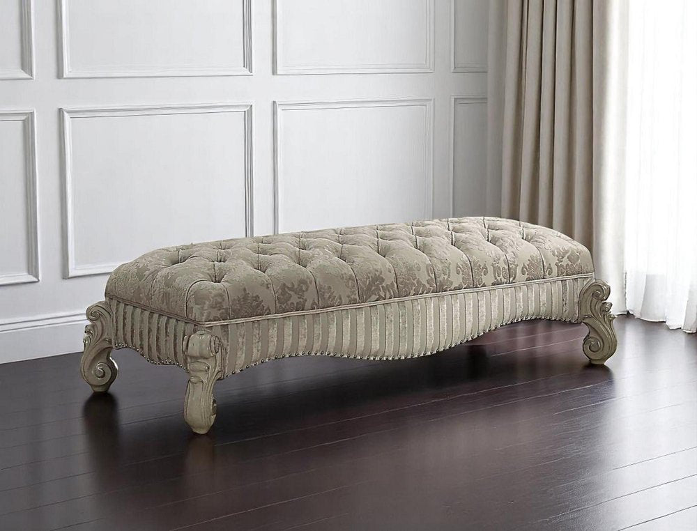 65" Ivory And Bone Tufted Damask Fabric Polyresin And Solid Wood Upholstered Bench