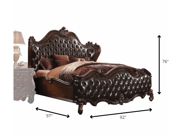 88" X 101" X 76" 2-Tone Dark Brown Pu Cherry Oak Wood Poly Resin Upholstery California King Bed