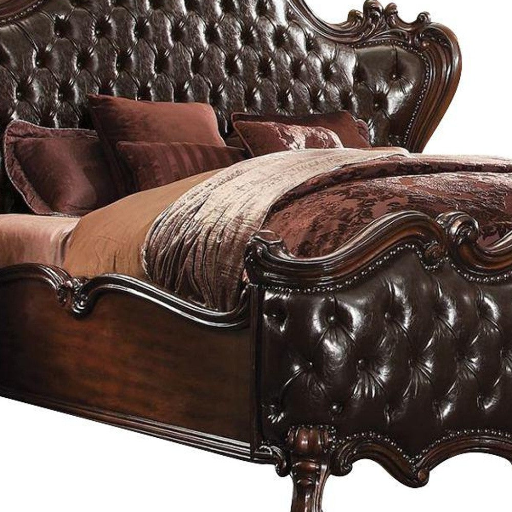 88" X 101" X 76" 2-Tone Dark Brown Pu Cherry Oak Wood Poly Resin Upholstery California King Bed