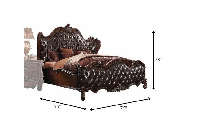 88" X 101" X 76" 2-Tone Dark Brown Pu Cherry Oak Wood Poly Resin Upholstery California King Bed