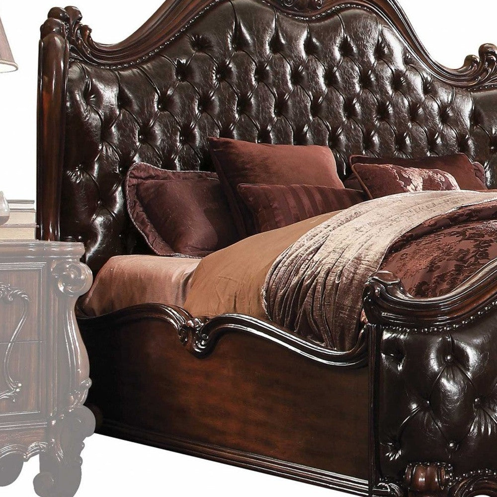 88" X 101" X 76" 2-Tone Dark Brown Pu Cherry Oak Wood Poly Resin Upholstery California King Bed