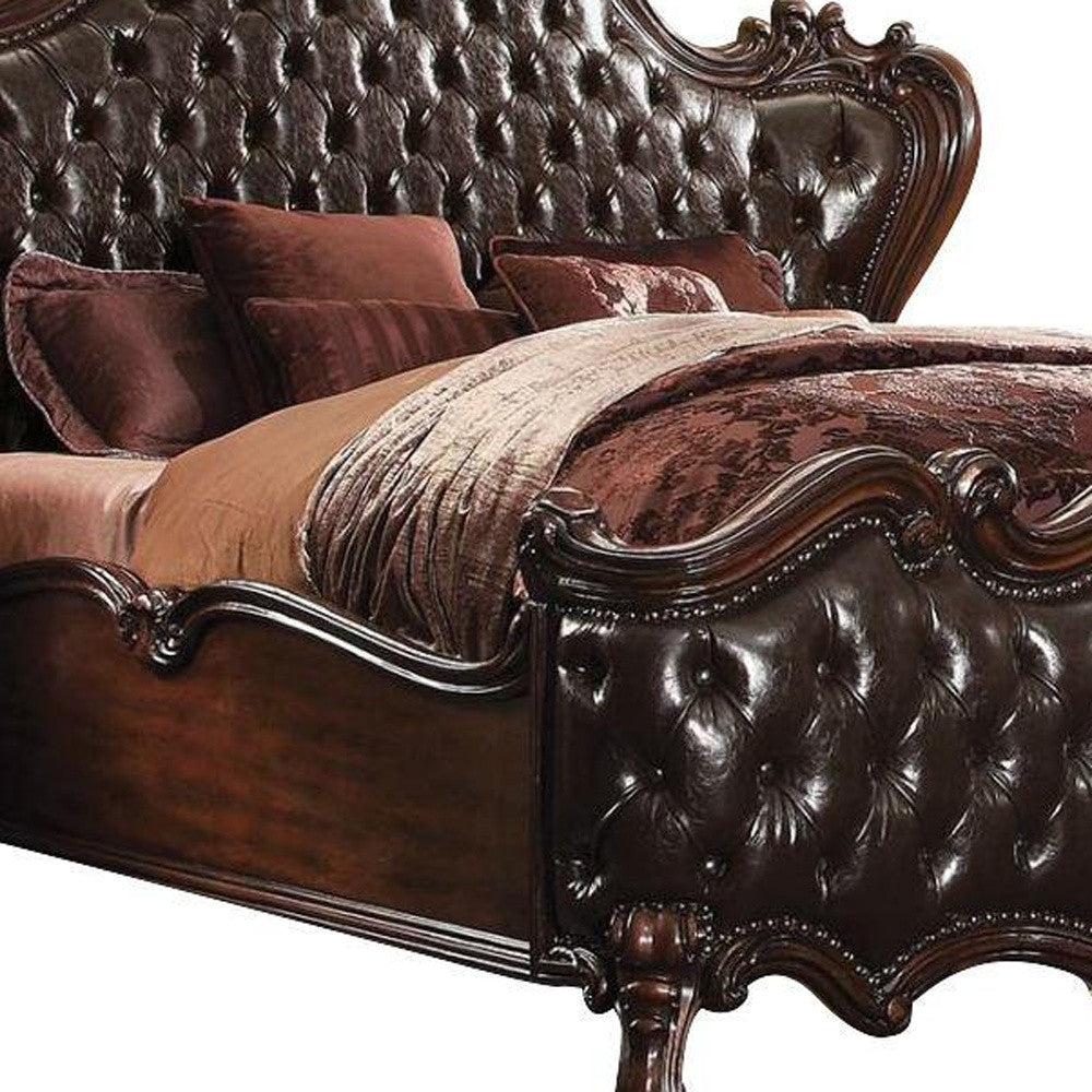 88" X 101" X 76" 2-Tone Dark Brown Pu Cherry Oak Wood Poly Resin Upholstery California King Bed