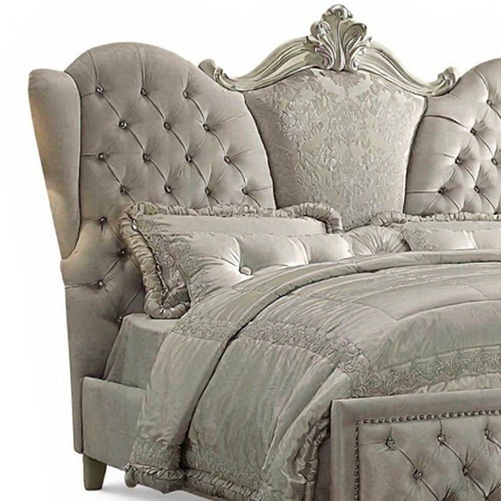 Ivory Solid Wood Tufted Upholstered Velvet Bed Frame