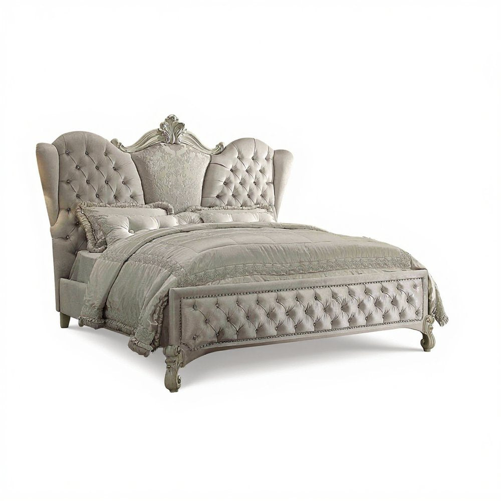 Ivory Solid Wood Tufted Upholstered Velvet Bed Frame