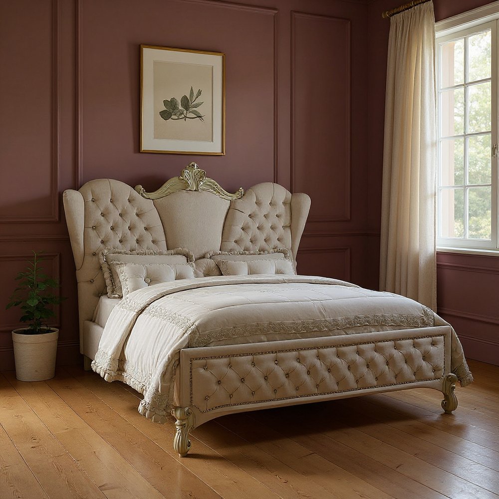 Ivory Solid Wood Queen Tufted Upholstered Velvet Bed Frame with Nailhead Trim