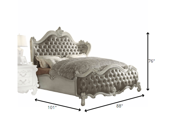 Gray and Bone Carved Scrollwork Solid Wood And Tufted Faux Leather Queen Bed Frame With Nailhead Trim