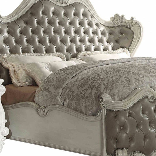 Gray and Bone Carved Scrollwork Solid Wood And Tufted Faux Leather Queen Bed Frame With Nailhead Trim